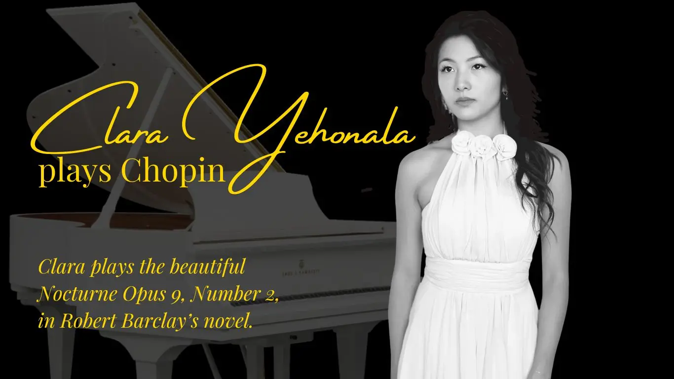 Clara Yehonala with white piano on black background